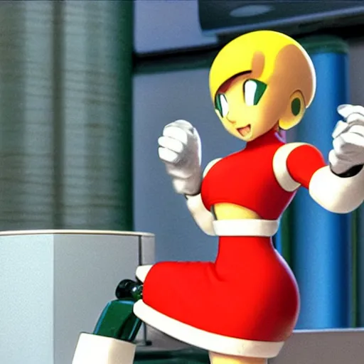 Image similar to 3 d cg rendering of : roll ( from mega man ) is repairing computers in dr. light's laboratory. roll is a cute female ball - jointed robot who has blonde hair with bangs and a ponytail tied with a green ribbon. she is wearing a red one - piece dress with a white collar, and red boots.