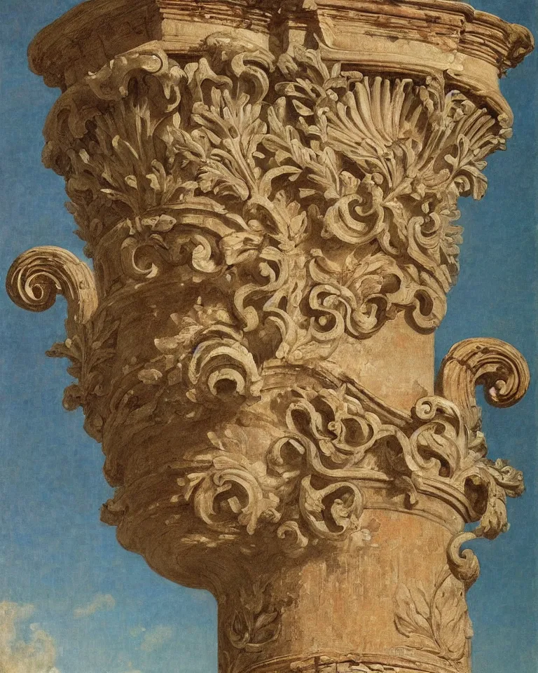 Image similar to achingly beautiful painting of intricate ancient roman corinthian capital on coral background by rene magritte, monet, and turner. giovanni battista piranesi.