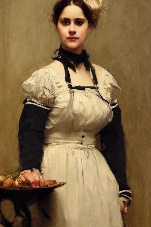 Image similar to Solomon Joseph Solomon and Richard Schmid and Jeremy Lipking victorian genre painting full length portrait painting of a young beautiful woman traditional german barmaid in traditional costume
