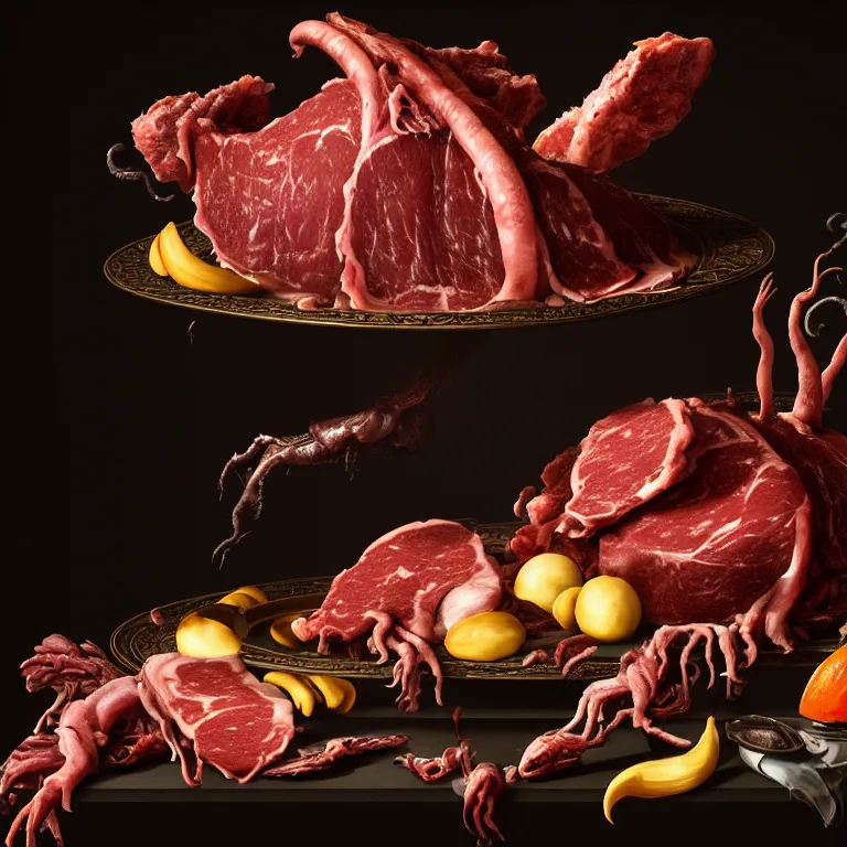 Image similar to still life of rotten meat, xenomorph, beautiful tropical flowers, human spine, tropical fruit baroque painting, beautiful detailed intricate insanely detailed octane render, 8K artistic photography, photorealistic, chiaroscuro, Raphael, Caravaggio