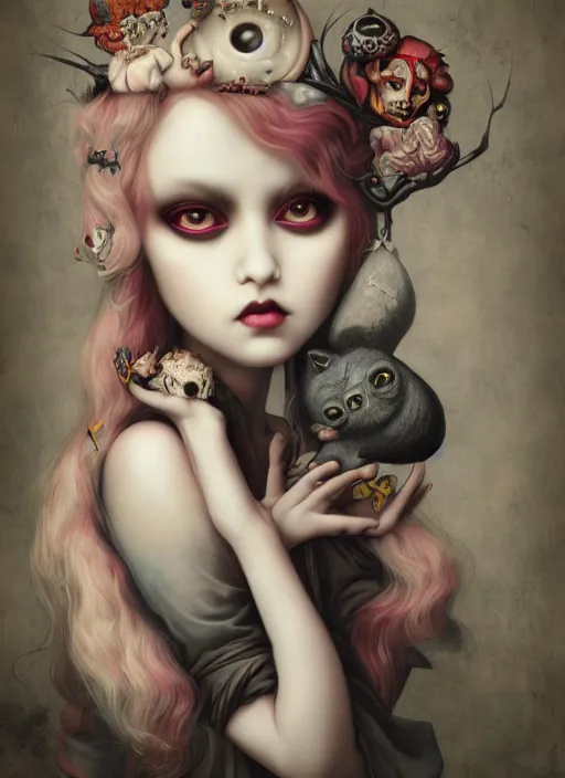 Image similar to pop surrealism, lowbrow art, realistic cute dark priestess painting, japanese street fashion, hyper realism, muted colours, rococo, natalie shau, loreta lux, tom bagshaw, mark ryden, trevor brown style,