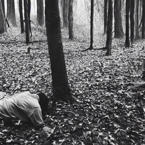 Image similar to creepy forest, creepy creature eating man on the ground, horror photo, photo from cctv footage, black and white