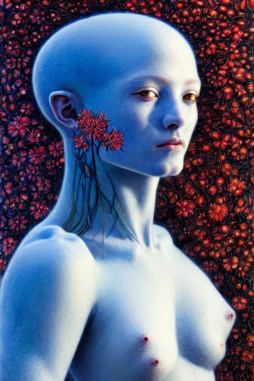 Image similar to portrait of beautiful young mainem, warhammer, russian style, cyber armor with scars, a lot of more scars, more and more flowers, blue head, the middle ages, highly detailed, artstation, illustration, art by jean delville, 8 k quality