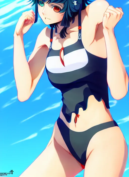 Image similar to full body illustraion of jugoku no fubuki as a handsome woman, wearing two - piece swimsuit, ilya kuvshinov, anime, deroo, pixiv top monthly, trending on artstation, cinematic, danbooru, zerochan art, kyoto animation