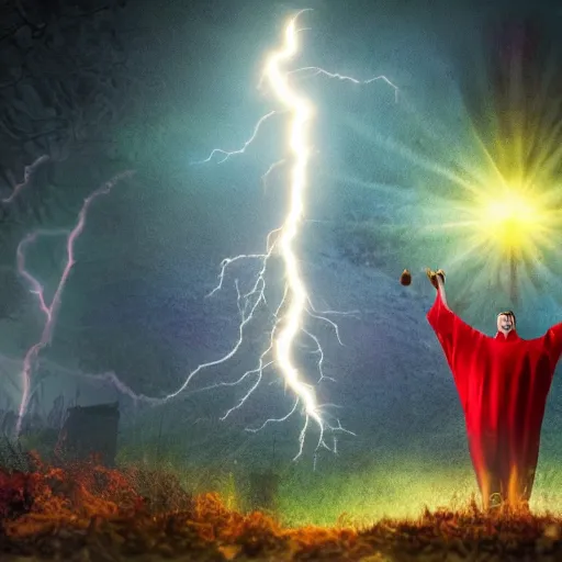 Prompt: a powerful sorcerer weilding a psychedelic mushroom, a bolt of lightning in one hand and a giant red mushroom in the background,