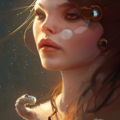 Prompt: Portrait of a woman dressed as a cat making magic, fantasy, D&D, intricate, cinematic lighting, highly detailed, digital painting, artstation, concept art, smooth, sharp focus, illustration, art by Artgerm and Greg Rutkowski, Cgsociety