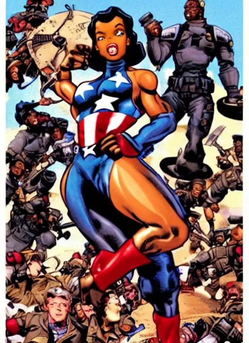 Image similar to black female captain america standing on a pile of defeated ss soldiers. feminist captain america wins ww 2. american ww 2 propaganda poster by rob liefeld, masamune shirow and pixar. gorgeous face. pin up. overwatch.