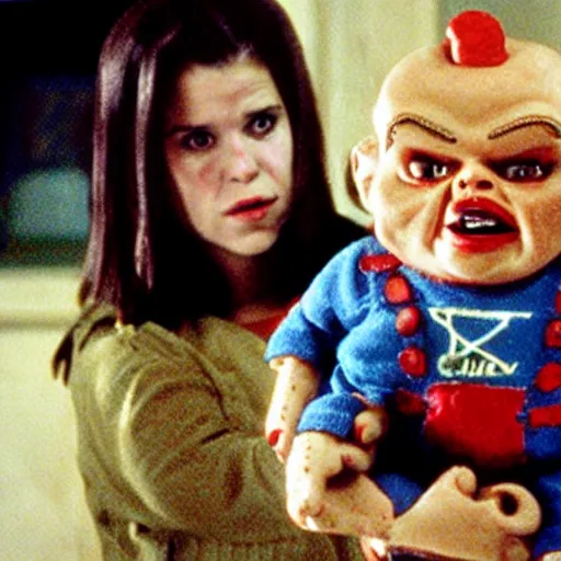 Image similar to Neve Campbell holding Chucky the killer doll