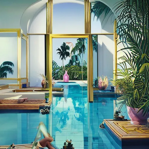 Image similar to indoor liminal space, golden light, palm trees, pink door, minimalistic, hyperrealistic surrealism, award winning masterpiece with incredible details, epic stunning, infinity pool mirrors, a surreal vaporwave liminal space with mirrors, highly detailed, trending on artstation, artgerm and greg rutkowski and alphonse mucha, daily deviation