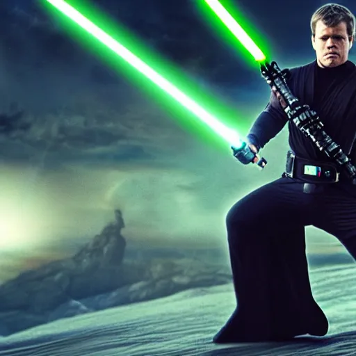 Image similar to matt damon as luke skywalker fighting darth vador in star wars episode 6, 8k resolution, full HD, cinematic lighting, award winning, anatomically correct