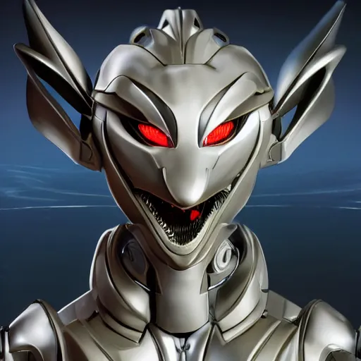 Image similar to bust of a beautiful majestic anthropomorphic humanoid robot mecha female dragon, with smooth and streamlined armor, standing and posing elegantly, well detailed dragon head with epic LED eyes and a warm maw, sharp and dangerous sleek design, two arms, two legs, long tail, beautiful digital art, artstation, DeviantArt, FurAffinity, professional, depth of field, close-up, hd, octane render, sunset lighting