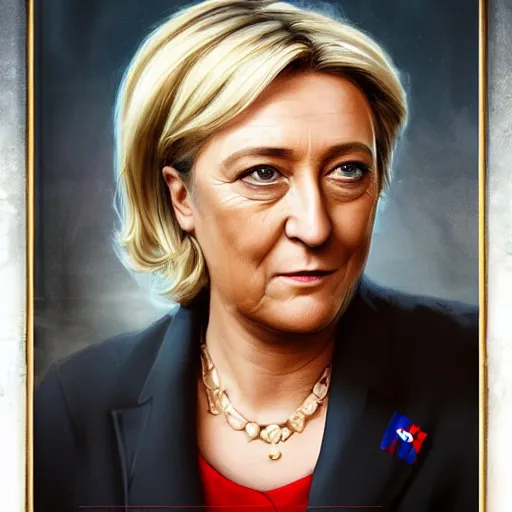 Image similar to Portrait of Marine le Pen , french emperor, heroic, tricolor amazing splashscreen artwork, splash art, head slightly tilted, natural light, elegant, intricate, fantasy, atmospheric lighting, cinematic, matte painting, detailed face, by Greg rutkowski