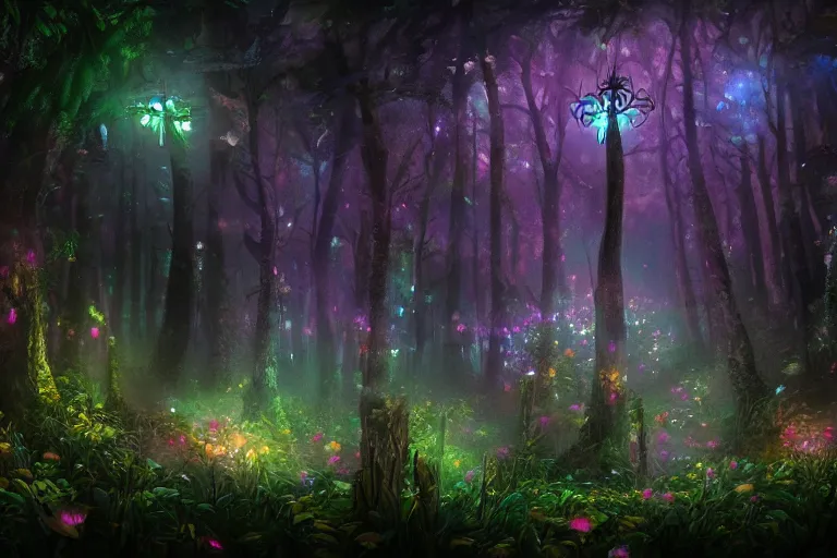 Prompt: enormously detailed photo art of small multiple colorful eye-catching flowers glow in the night dark forest, high fantasy matte painting, atmospheric lighting, highly detailed illustration highlights, 8K detail post-processing, featured on DeviantArt, trending on cgsociety