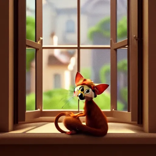 Prompt: a happy cat with big eyes looking for a cup of coffee in beautiful morning at a house window. Pixar Disney 4K 3d render funny animation movie Oscar winning trending on ArtStation and Behance. Ratatouille style.