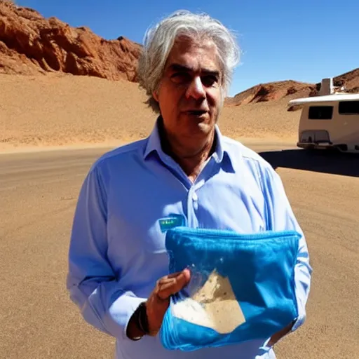 Image similar to current president of uruguay Lacalle Pou holding a ziplock bag with baby blue meth, desert background, next to an rv, by stephen bliss, gta loading screen