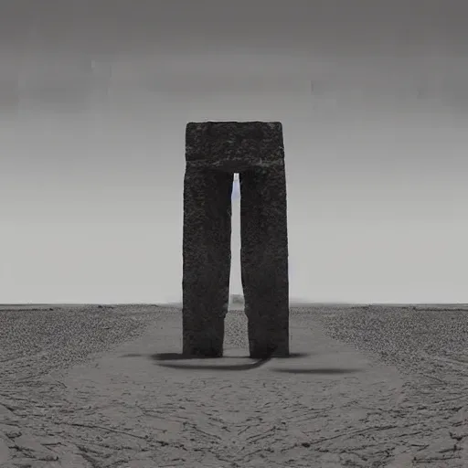 Prompt: “Point of view from behind a lone traveller standing in front of two vast and trunkless legs made of stone with a pedestal at the base in a desert with a half sunk shattered visage of a sneering face protruding from the sand, digital art”