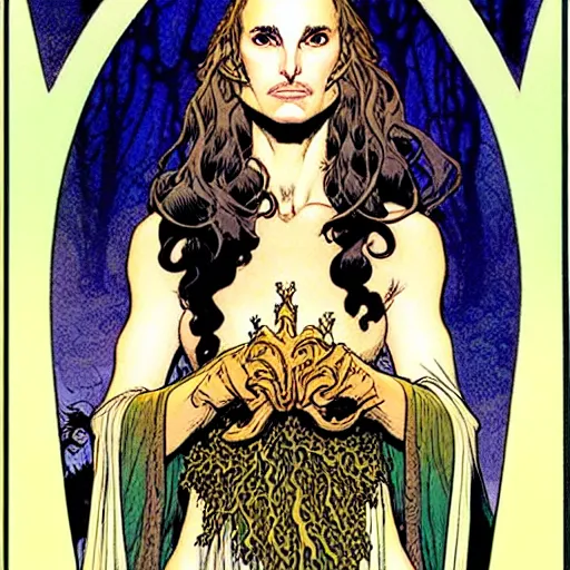 Image similar to a portrait of natalie portman as a druidic wizard by rebecca guay, michael kaluta, charles vess and jean moebius giraud