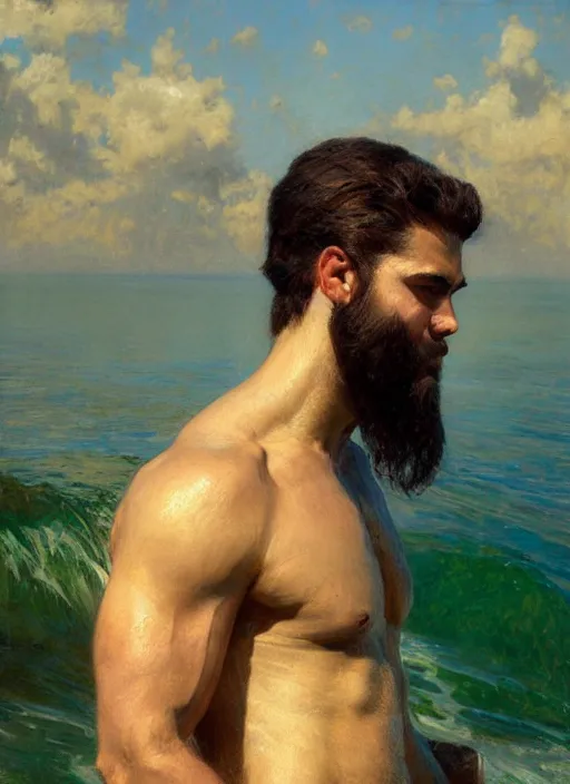 Image similar to detailed cinematic wide shot of muscular attractive young cuban man beard slim face symmetrical face tanskin green eyes white hair wearing sea clothes, ultra realistic, spring light, painting by gaston bussiere, craig mullins, j. c. leyendecker