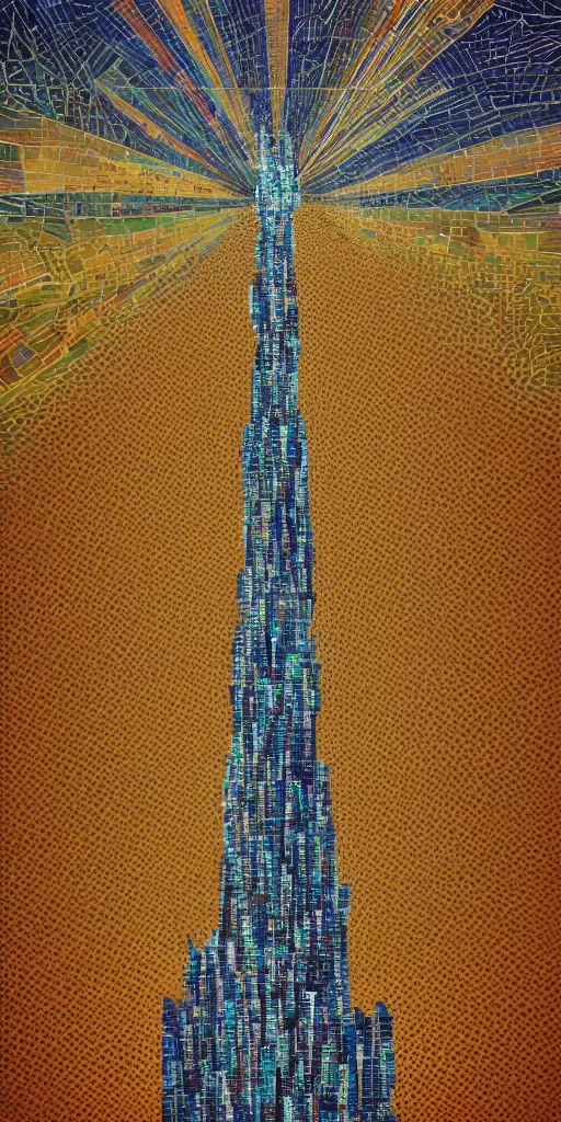 Prompt: a skyscrapper in a field with a sky background, a mosaic by jeffrey smith, behance contest winner, generative art, circuitry, fractalism, behance hd
