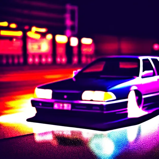 Image similar to a car JZX100 at illegal car meet, Saitama prefecture, city sunset mist neon lights, cinematic color, photorealistic, highly detailed, 50MM