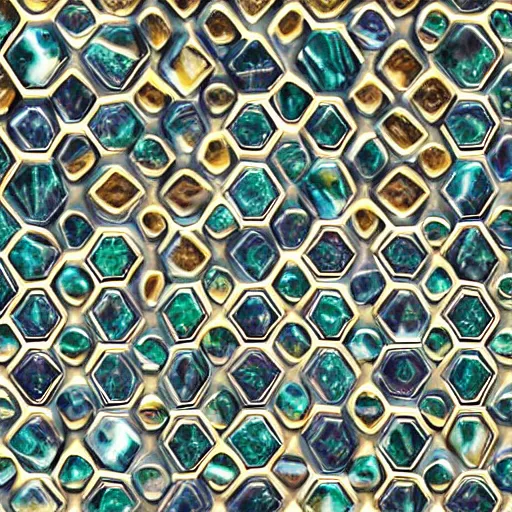 Image similar to three dimensional multilayered patterns inside a hexagonal shape, intricate detail, complex, jade, gold, silver, obsidian, ornate,