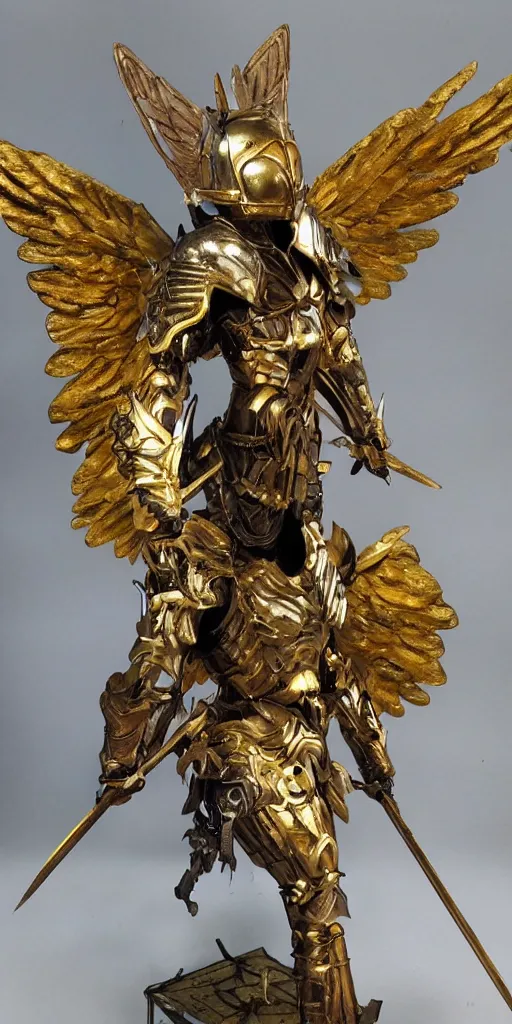 Prompt: fantasy angel warrior in armor with bright gold wings, epic flying pose, art, paint, fine details
