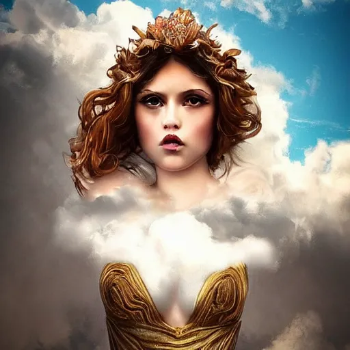 Prompt: goddess wearing a cloud fashion on the clouds, photoshop, colossal, creative, giant, digital art, photo manipulation, clouds, covered in clouds, girl clouds, on clouds, covered by clouds, a plane flying on the sky, digital painting, artstation