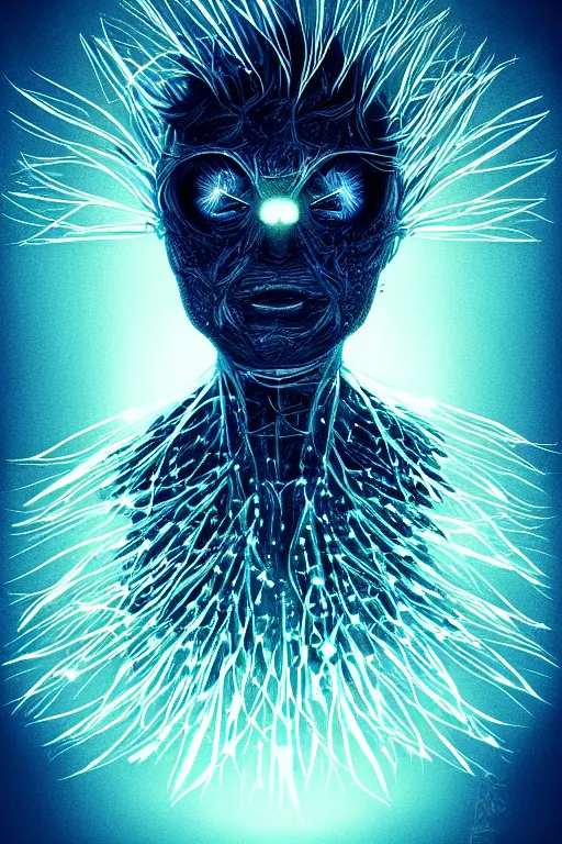 Image similar to glowing luminescent dandelion humanoid figure monster, symmetrical, highly detailed, digital art, sharp focus, trending on art station, amber eyes, autumnal colours