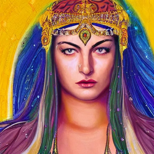 Prompt: a teenage Mädchen Amick as Goddess of gems looking at you intensely with seductively serious eyes while wearing a head covering. ultra detailed painting at 16K resolution and epic visuals. epically surreally beautiful image. amazing effect, image looks crazily crisp as far as it's visual fidelity goes, absolutely outstanding. vivid clarity. ultra. iridescent. mind-breaking. mega-beautiful pencil shadowing. beautiful face. Ultra High Definition.