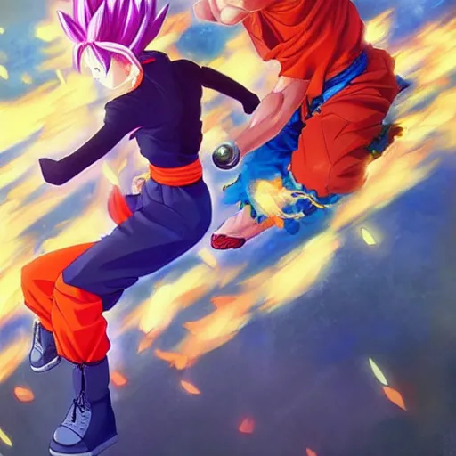 Image similar to An anime portrait of Goku dancing salsa with Bulma , by Stanley Artgerm Lau, WLOP, Rossdraws, James Jean, Andrei Riabovitchev, Marc Simonetti, and Sakimichan, tranding on artstation