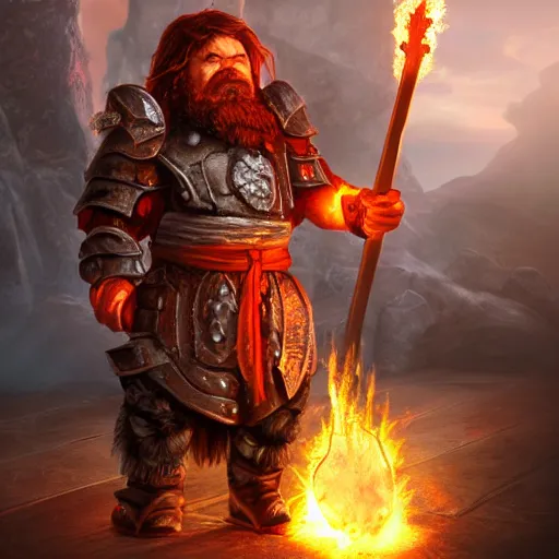 Prompt: dwarf mage warrior with flaming hands and an axe, heavy armor, full body, highly detailed, 3d octane render, fantasy artwork, illustration, dramatic lights