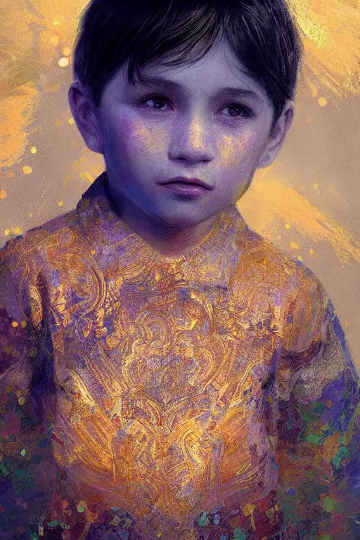 Image similar to little boy, close - up portrait, the portrait is decorated with blue and gold art deco patterns, powerfull, intricate, elegant, volumetric lighting, scenery, digital painting, highly detailed, artstation, sharp focus, illustration, concept art, ruan jia, steve mccurry