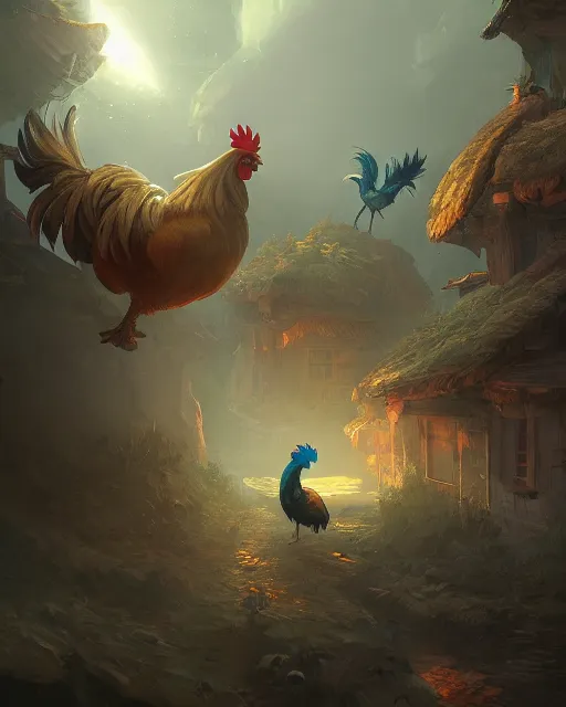 Image similar to mysterious legendary rooster, medieval village, beautiful illustration, abstract, scifi, atmosphere, top lighting, focused, artstation, highly detailed, art by yuhong ding and chengwei pan and serafleur and ina wong