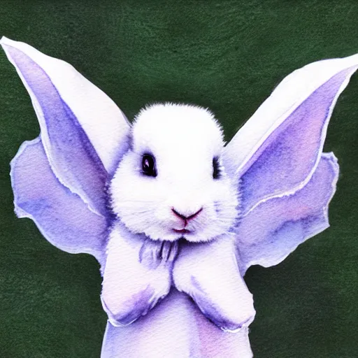 Image similar to a white rabbit with beautiful angelic white wings, smiling, watercolour realistic