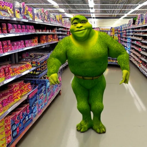 Prompt: shrek shopping at walmart