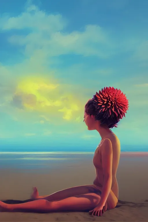 Image similar to closeup giant dahlia flower head, girl laying on beach, surreal photography, blue sky, sunrise, dramatic light, impressionist painting, digital painting, artstation, simon stalenhag