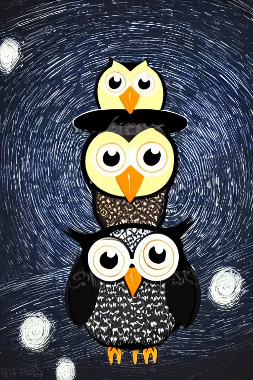 Prompt: cute owl wearing black biker jacket, portrait photo, backlit, studio photo, background colorful, tophat, starry night