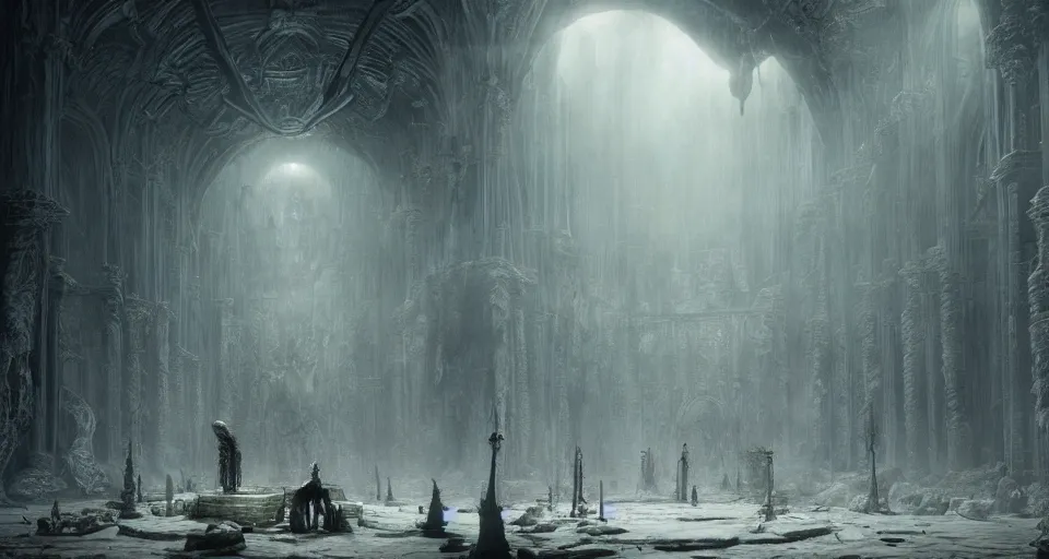 Image similar to king of the wolves - fantasy, inside the king's hall wolves and their treasures, ethereal, ominous, misty, 8 k, by h. r. giger and greg rutkowski, the last guardian by fumito ueda - elden ring