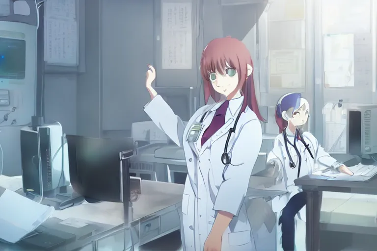 Image similar to a cute young female doctor wearing white coat are working in an emergency department , slice of life anime, cinematic, lighting, 8kHDR, anime scenery by Makoto shinkai