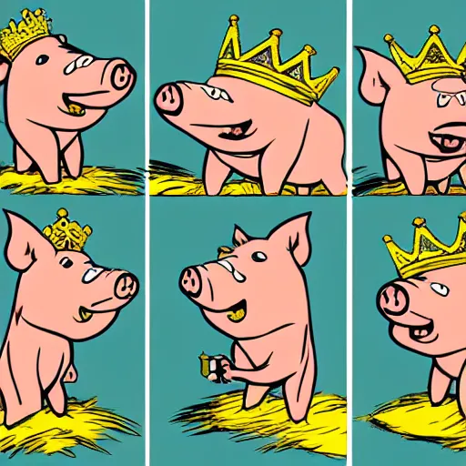 Prompt: concept sketches of a pig wearing a gold crown by Bill Watterson, in the style of 1970s cartoons