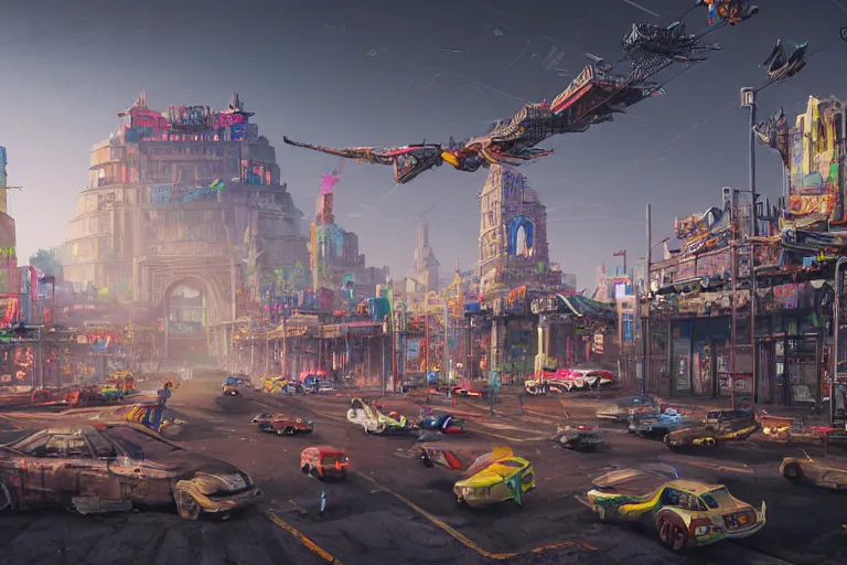 Image similar to hyperrealistic matte painting of aztec temples in a future environment with flying cars, mechanical features and neon, graffiti, scaffolding, smog, destruction by filip hodas, beeple, 4 k, trending on cgsociety