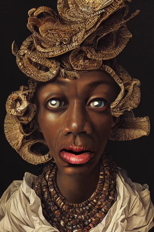 Image similar to Detailed maximalist portrait with dark skin, large mouth and with large white eyes, exasperated expression, HD mixed media, 3D collage, highly detailed and intricate, surreal illustration in the style of Caravaggio, dark art, baroque