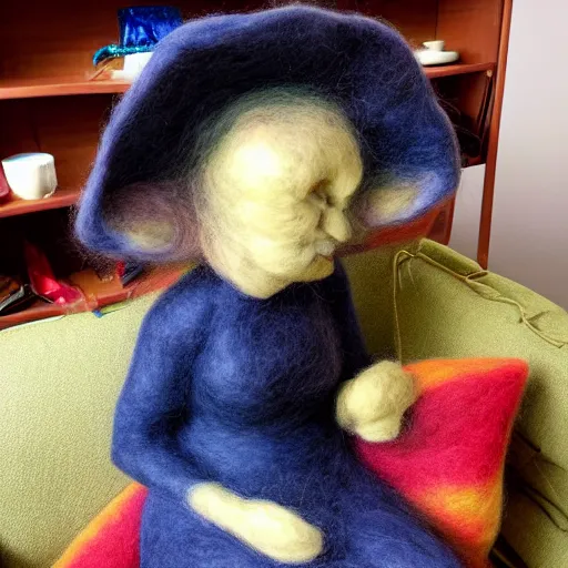 Image similar to photo of a life sized needle - felted 2 0 0 year old crone in a needle felted lounge room