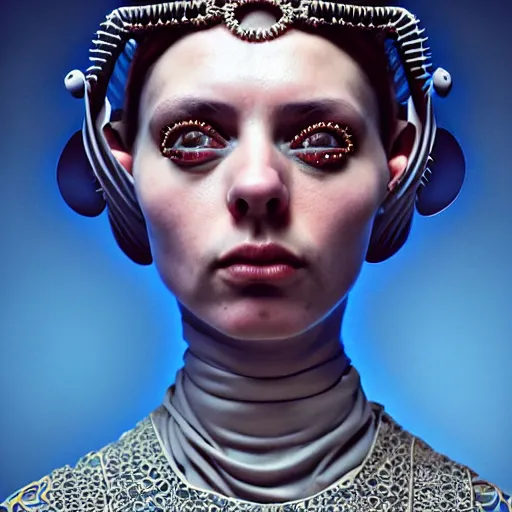 Image similar to Colour Caravaggio style Photography of Highly detailed beautiful Woman with 1000 years detailed face and wearing detailed Ukrainian folk costume designed by Taras Shevchenko also wearing highly detailed retrofuturistic sci-fi Neural interface designed by Josan Gonzalez. Many details In style of Josan Gonzalez and Mike Winkelmann and andgreg rutkowski and alphonse muchaand and Caspar David Friedrich and Stephen Hickman and James Gurney and Hiromasa Ogura. Rendered in Blender and Octane Render volumetric natural light