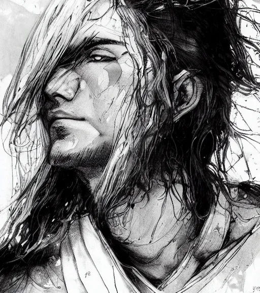 Prompt: portrait of anime man with long hair wearing a white robe stained, pen and ink, intricate line drawings, by craig mullins, ruan jia, kentaro miura, greg rutkowski, loundraw