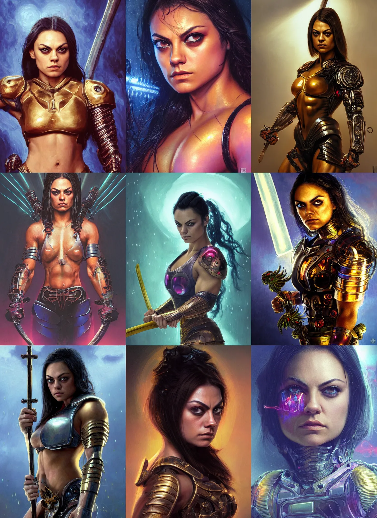 Image similar to bodybuilder mila kunis closeup portrait of a beautiful biblical diabolical samurai girl looking into the camera holding a sword, cyborg neon lit armor, foggy fireflies, cinematic studio light, golden hour, gerald brom, mikhail vrubel, peter elson, muted pastel colors, extreme detail, light rain, trending on artstation, 8 k