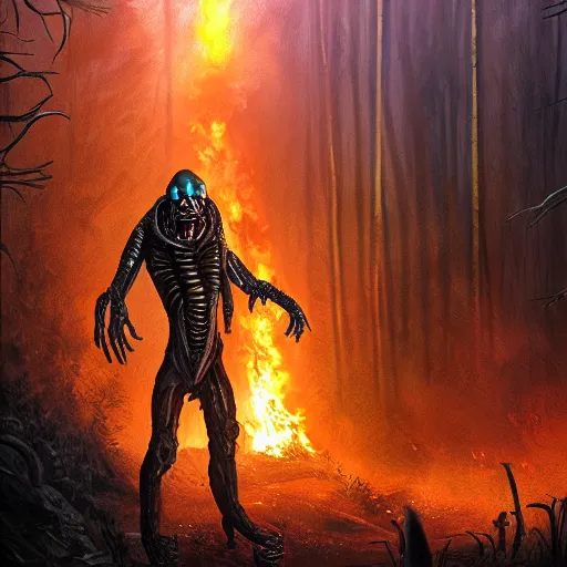 Image similar to alien from the movie alien battling predator in a forest landscape with fires, highly detailed, 4 k, digital painting, smooth