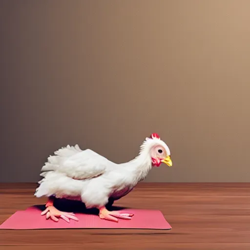 Image similar to A realistic baby Chiken doing yoga, photorealistic,