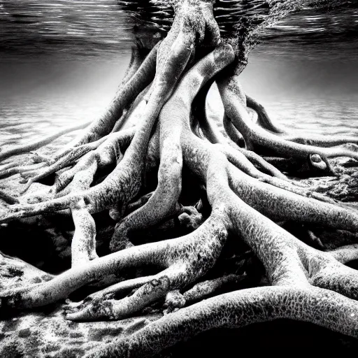 Image similar to long roots underwater, award winning black and white photography, high contrast, high definition