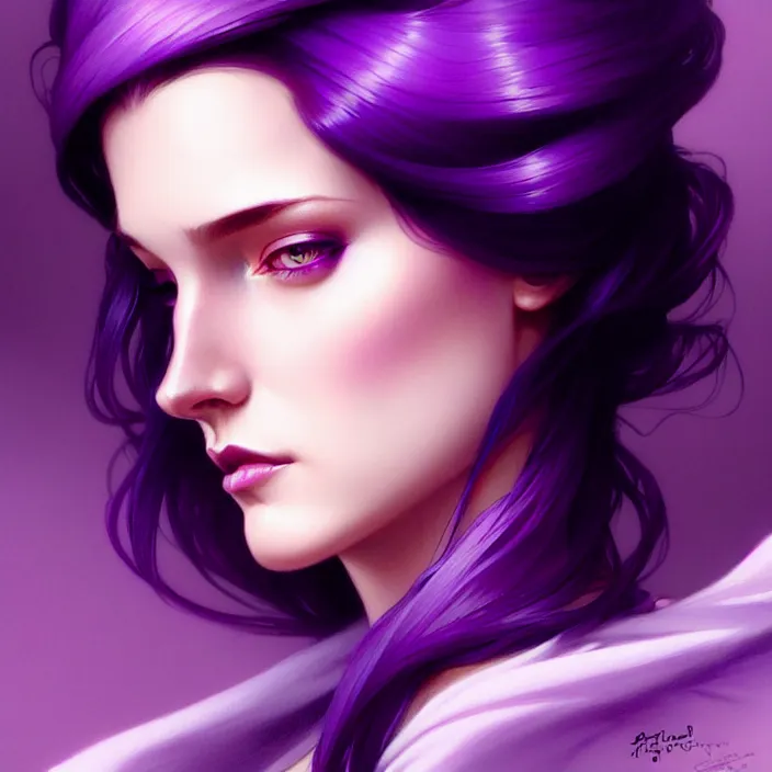 Image similar to Purple hair, creative colouring Portrait of woman, fashion, intricate, elegant, highly detailed, digital painting, artstation, concept art, smooth, sharp focus, illustration, art by artgerm and greg rutkowski and alphonse mucha